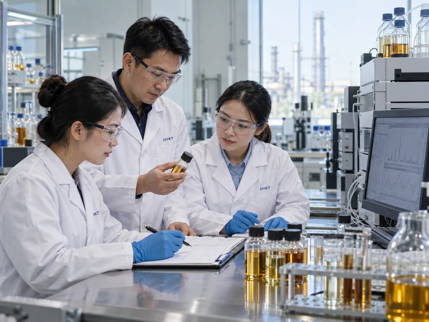HYKT additive laboratory team reviewing formulation data