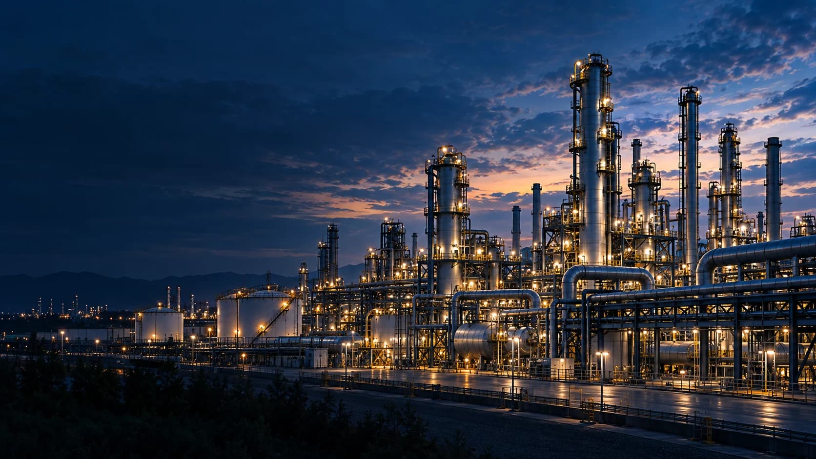 Industrial processing facility at blue hour