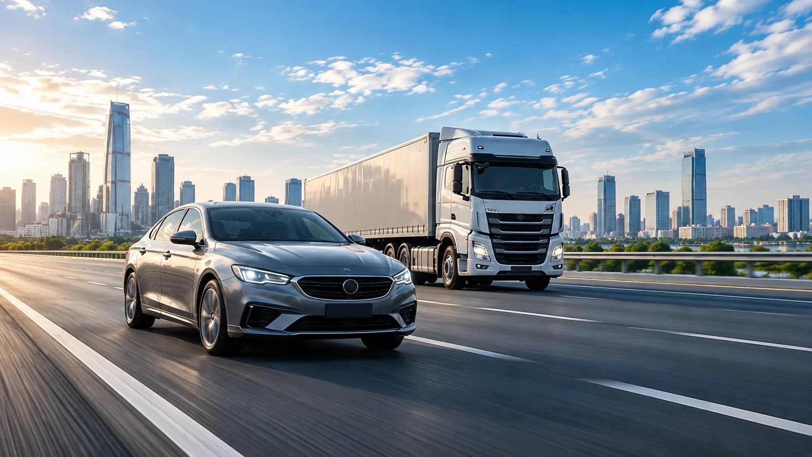 Passenger car and commercial truck on the road