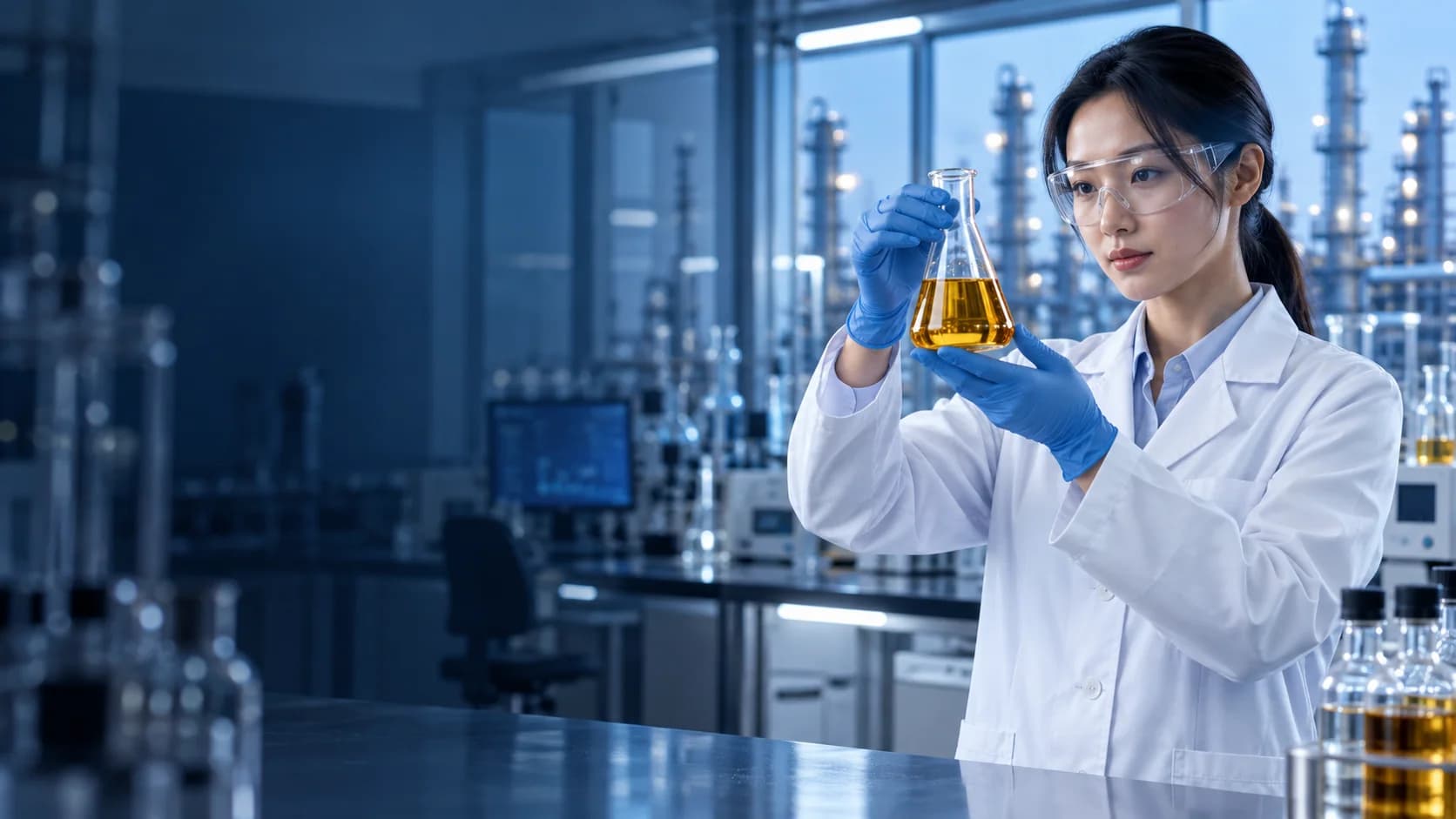 Laboratory specialist evaluating a lubricant additive sample